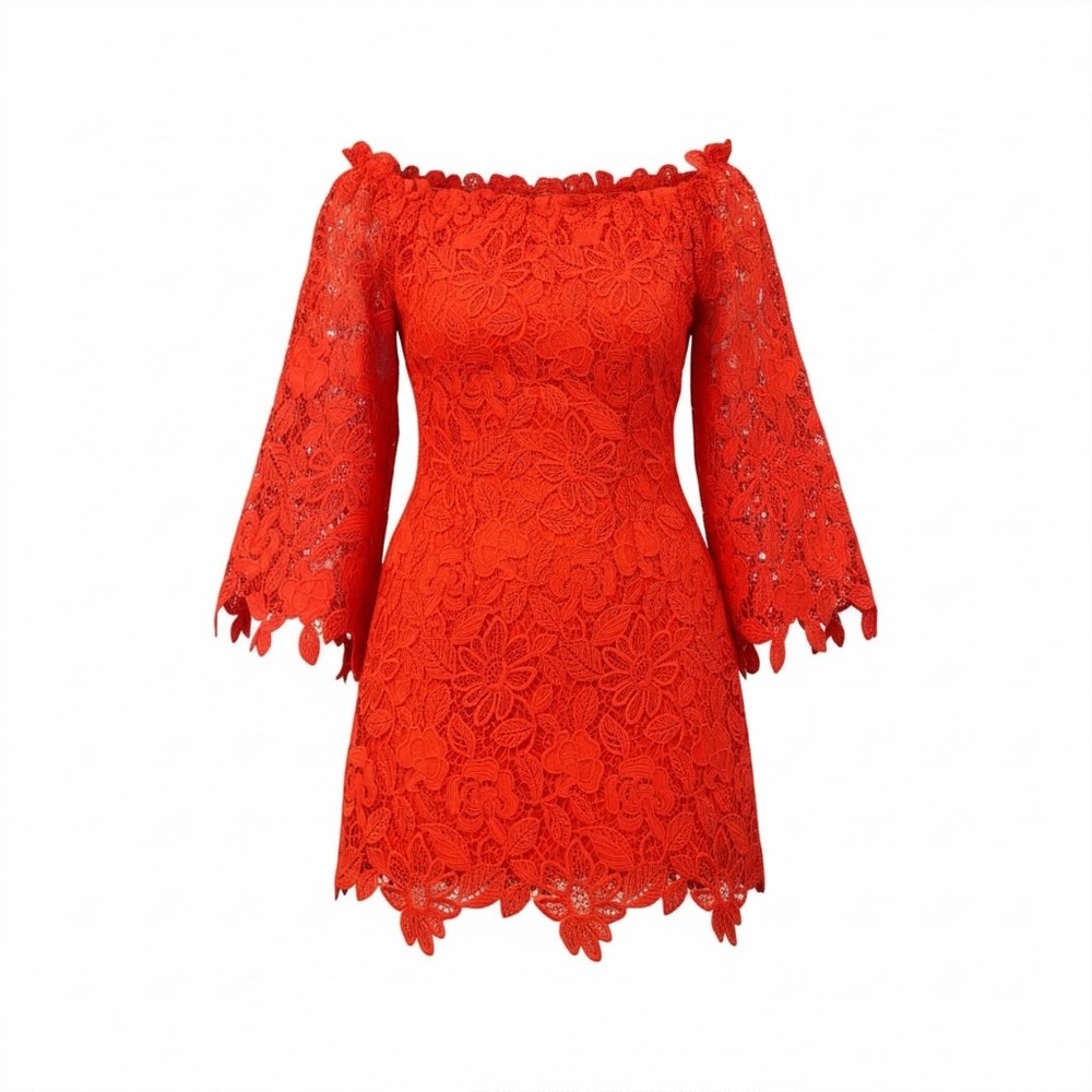 Free People Fiesta Red Lace Dusk Dress Womens Size 2 Floral Lace Off Shoulder